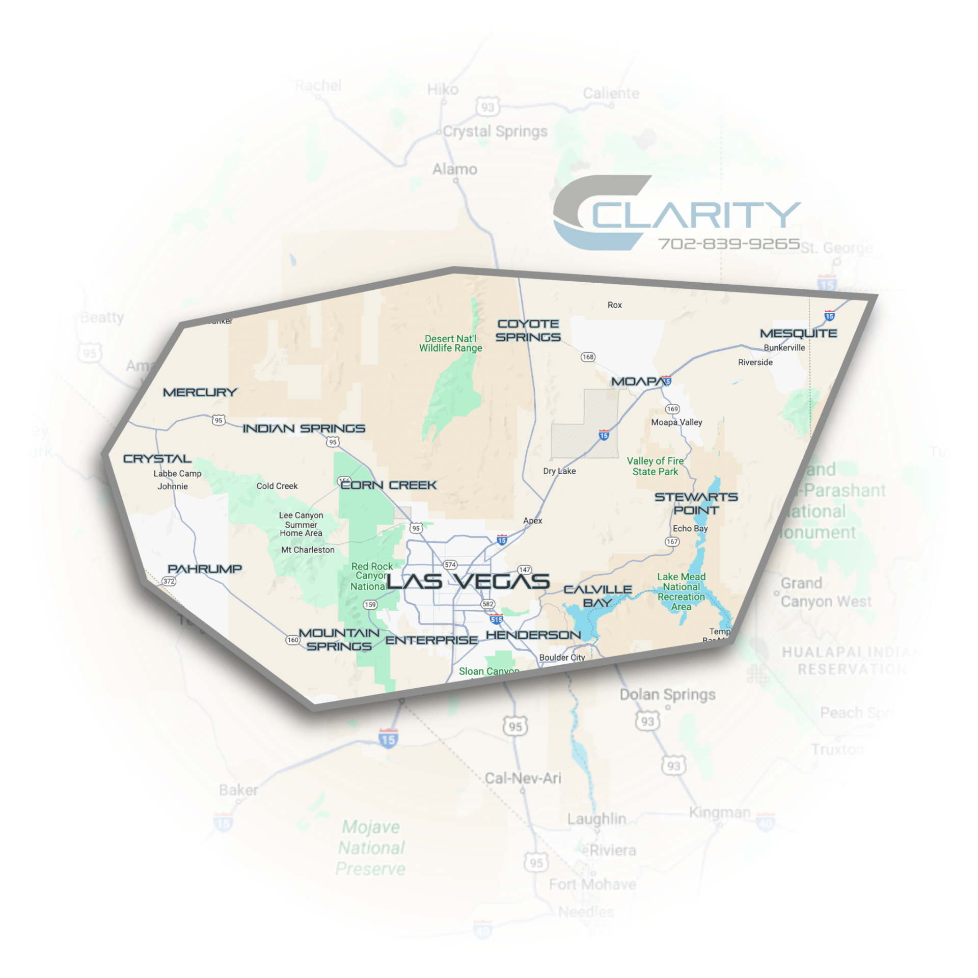 Clarity Custom Pools service area map covering Las Vegas and surrounding Nevada